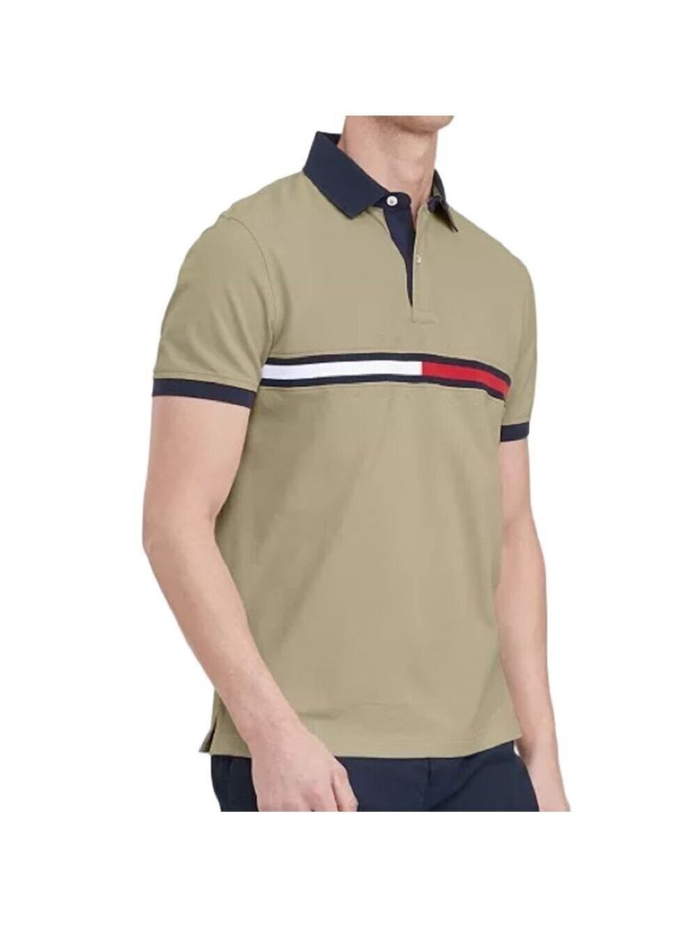 TOMMY HILFIGER Men's Olive Polo Shirt with Navy Accents wicking Large